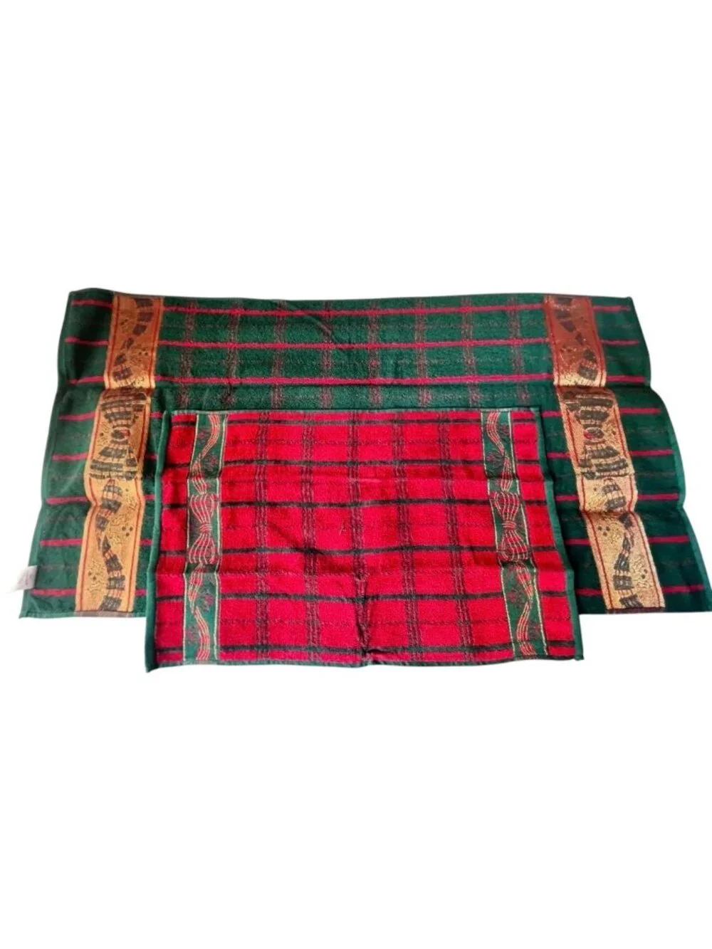 Christmas Towel & Hand Towel Set 100% Cotton Ribbon Red & Green W/ Gold Accents